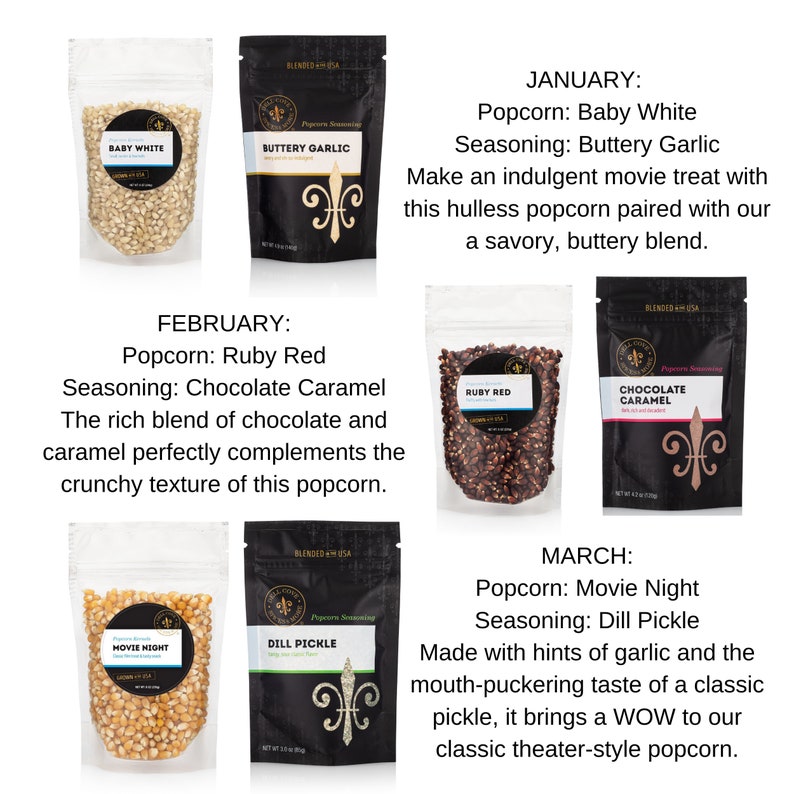 Popcorn of the Month Club popcorn and seasoning gifts for 3 or 6 or 12 month monthly food subscription box, Dads popcorn lover gift idea image 3