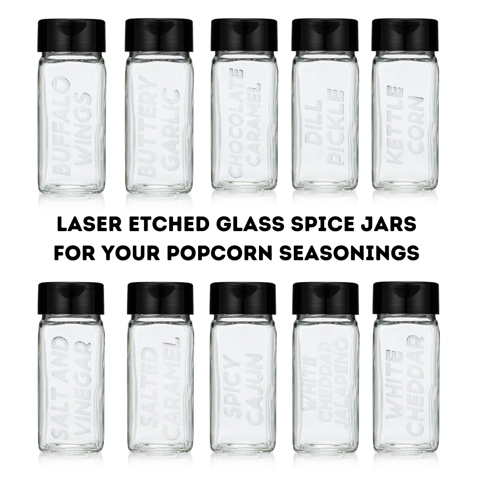 Laser Etched Spice Jars for Popcorn Seasonings 4 Oz Square Glass