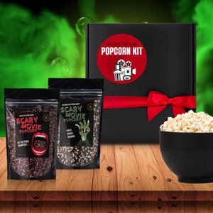 Scary Movie Popcorn Gift - 90s horror movie snack kit - custom fancy popcorn and popcorn seasoning gift set for Halloween horror movie night