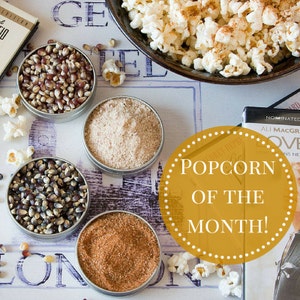 Popcorn of the Month Club popcorn and seasoning gifts for 3 or 6 or 12 month monthly food subscription box, Dads popcorn lover gift idea image 1