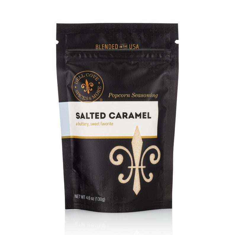 Salted caramel seasoning pouch on white background. Dell Cove Spices
