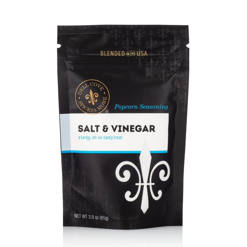 3 ounce Salt and Vinegar popcorn seasoning pouch on white background. Dell Cove Spices