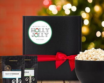 Christmas Popcorn Gift Box - Gourmet popcorn kernels and seasoning, Holly Jolly food gift basket for Christmas, Christmas party popcorn bowl