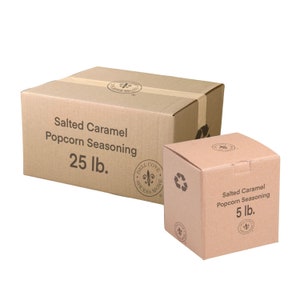 May include: Two cardboard boxes with brown tape. The larger box is labeled "Salted Caramel Popcorn Seasoning 25 lb." The smaller box is labeled "Salted Caramel Popcorn Seasoning 5 lb."