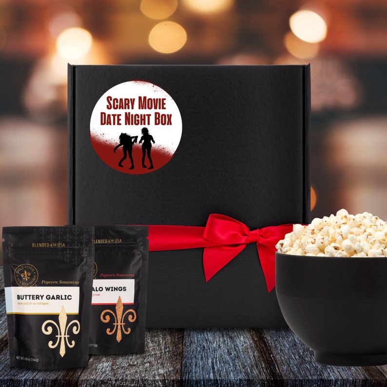 Zombie Scary Movie Date Night Gift Box - Popcorn seasoning and kernels, Girl\/Girl Zombie couple, Horror themed Halloween