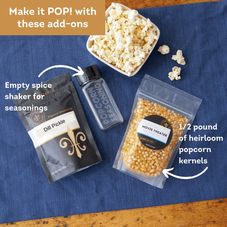 Make it pop. Add an empty spice shaker for seasonings and a half pound of heirloom popcorn kernels. Dell Cove Spices