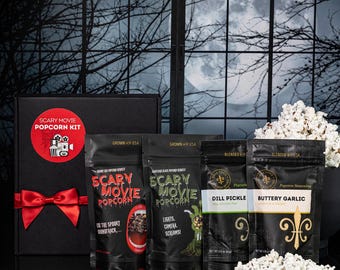 Scary Movie Popcorn Gift - custom popcorn + popcorn seasoning gift set for Halloween horror movie night, fun snack kit for spooky movie fans