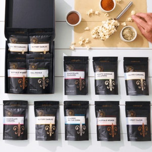 Gourmet popcorn seasonings in personalized gift set - custom gourmet foodie gift with flavored popcorn spices & popcorn