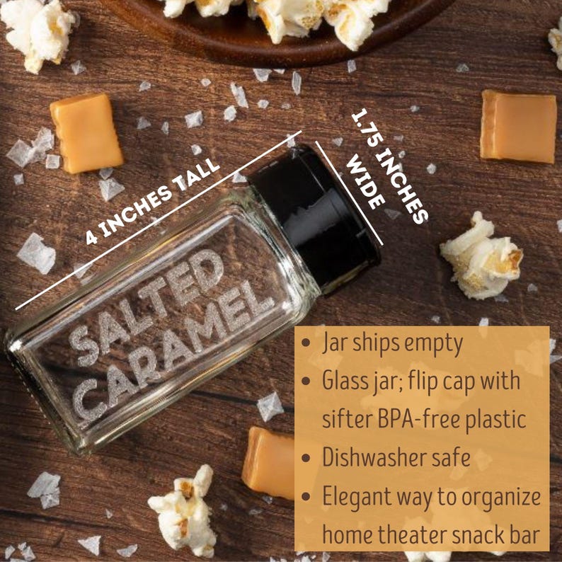 May include: A clear glass jar with a black lid, labeled "SALTED CARAMEL". The jar is 4 inches tall and 1.75 inches wide.