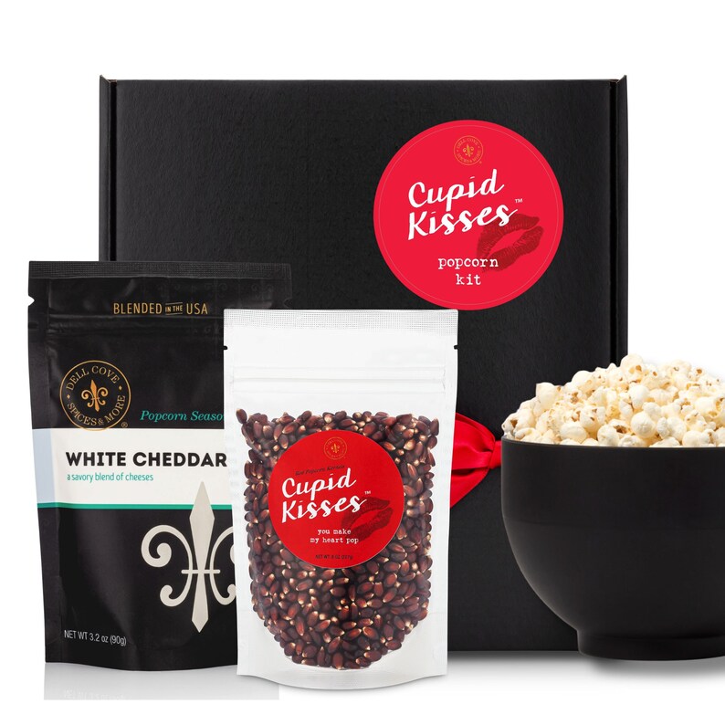 Cupid Kisses® Popcorn Valentine's Gift Box Popcorn Popper Sweet or Salty Seasonings for Romantic Movie Night, Cute Holiday Gift Set image 9