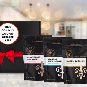 Popcorn Corporate Gifts with Logo - 12 Heirloom Popcorn Kernels and Sweet Popcorn Seasoning Gift Sets with Personalized Logo, bulk gifts