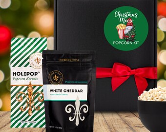 Christmas Movie Popcorn Kit: custom Xmas popcorn and seasoning gift set, family movie night, secret Santa present under 25