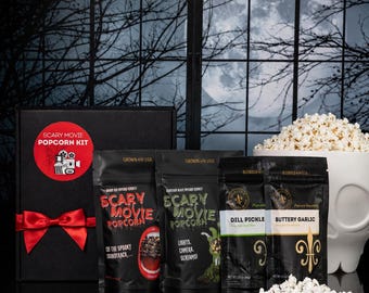 Deluxe Scary Movie Popcorn Gift Set: Gourmet Popcorn + Seasonings + Optional Skeleton Popper Kit
