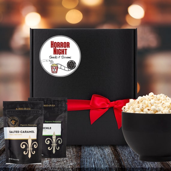 Horror Movie Night Popcorn Kit Fancy Popcorn Kernels and Gourmet Seasoning,  Gluten-free, Scary Movie Watch Snacks, Halloween Gift Box 