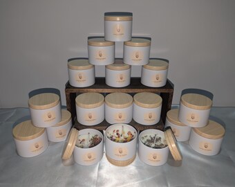 Handmade Soya Wax, Scented Candles in jars, with crystals and herbs.