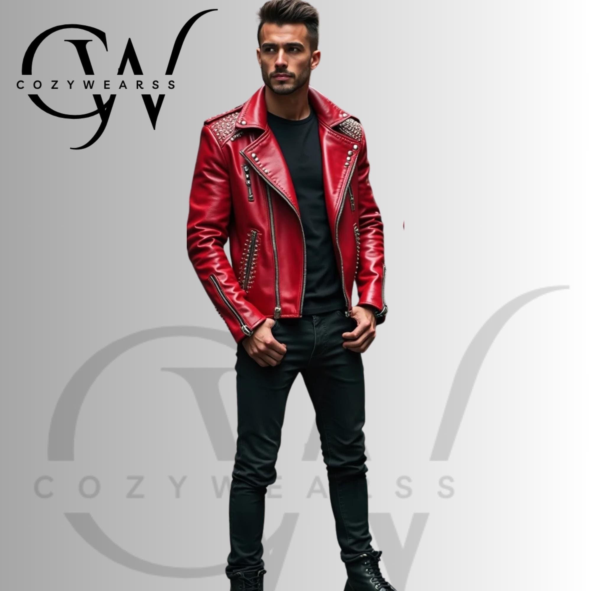 Handmade Red Leather Biker Jacket: Studded Lion Artwork, Punk Rock