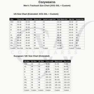 May include: A size chart for Cozywearss men's tracksuits, including US and European/UK sizes. The US chart lists chest, waist, sleeve, jacket length, pant waist, hip, and inseam measurements in inches. The European/UK chart provides chest, waist, and hip measurements in centimeters.