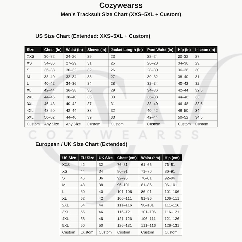 May include: A size chart for Cozywearss men's tracksuits, including US and European/UK sizes. The US chart lists chest, waist, sleeve, jacket length, pant waist, hip, and inseam measurements in inches. The European/UK chart provides chest, waist, and hip measurements in centimeters.