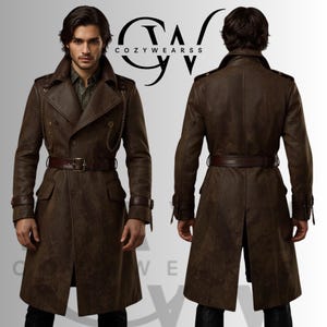 Handmade Wool Trench Coat: Steampunk Military Overcoat with Leather Details