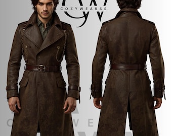 Handmade Wool Trench Coat: Steampunk Military Overcoat with Leather Details