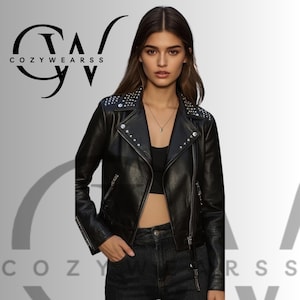 Handgefertigte schwarze Leder Bikerjacke mit Nieten - Damen Moto Style, silberner Reißverschluss, Cozywearss