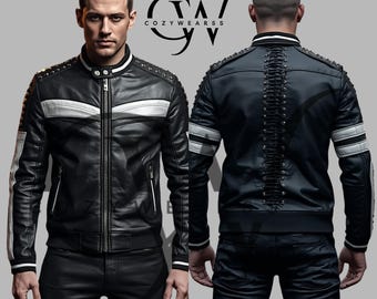 Handmade Studded Leather Biker Jacket – Slim Fit Motorcycle Style