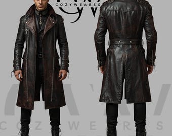 Handmade Gothic Leather Trench Coat: Steampunk Cosplay Jacket