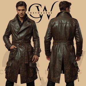 Handmade Brown Leather Trench Coat for Men, Vintage Style Long Coat, Steampunk Cosplay Jacket, Custom Size Outerwear, Gift for Him