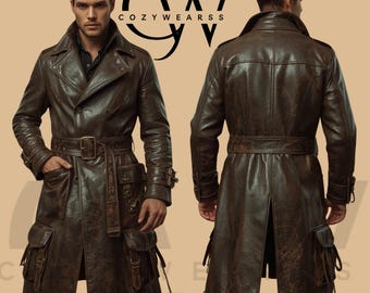 May include: A brown leather trench coat featuring a belted waist, multiple pockets, and a notched collar. The coat has a vintage, distressed look and is shown from the front and back. The text "COZYWEARSS" is visible.