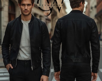 Handmade Men’s Black Leather Bomber Jacket – Minimalist Zip-Up Jacket –  Artisan Outerwear – Custom Fit Gift for Him