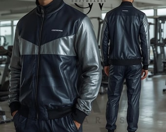 Handmade Men Leather Tracksuit Set – Black and Silver Leather Jacket with Pants – Custom Artisan Streetwear Outfit