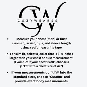 May include: White background with the black logo "COZYWEARSS" at the top. Text below advises how to measure chest, waist, hips, and sleeve length. It also provides instructions for slim fit jacket sizing and custom sizing.