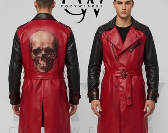 Handmade Skull Back Leather Trench Coat: Gothic Punk Red & Black Jacket