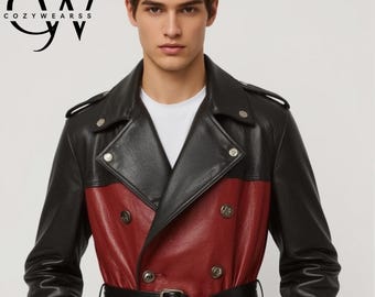 Handmade Two-Tone Leather Trench Coat: Black & Red Double Breasted Outerwear