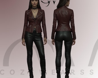 May include: A burgundy leather jacket with a notched collar and zipper closure, paired with black leather pants and boots. The jacket has a fitted silhouette. The image also shows the back view of the outfit. The brand name "COZYWEARSS" is visible.