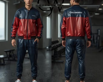 Handmade Men Leather Tracksuit Jacket and  Pants Set – Color Block Red & Navy Outfit – Custom Artisan Streetwear Set