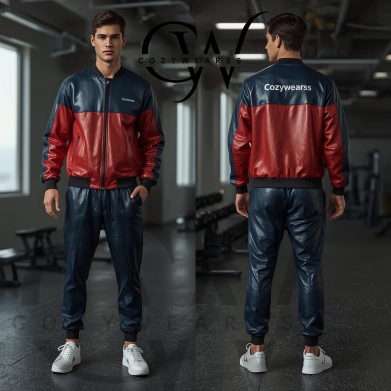 May include: A two-piece tracksuit in a red and navy blue color block design. The jacket has a zipper closure and the text "Cozywearss". The pants are navy blue. The model is wearing white sneakers.