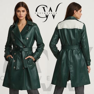 Handmade Green Leather Trench Coat for Women – Two-Tone Cream Detail Long Jacket – Genuine Cowhide – Custom Size Available