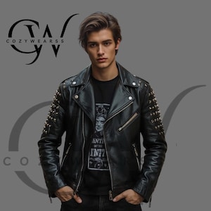 Handmade Studded Black Leather Biker Jacket: Ghost Patch, Punk Rock Style