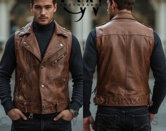 Handmade Brown Leather Biker Vest, Vintage Motorcycle Waistcoat