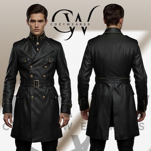 Handmade Black Leather Trench Coat: Steampunk Military Style
