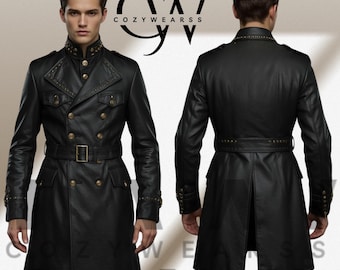 Handmade Black Leather Trench Coat: Steampunk Military Style