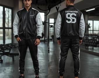 Handmade Men’s Black Leather Tracksuit Set – Full Zip Leather Jacket & Pants – Custom Artisan Streetwear Outfit