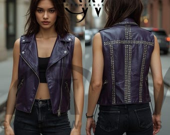 Handmade Purple Leather Vest for Women – Studded Biker Style Waistcoat, Cropped Sleeveless Jacket.