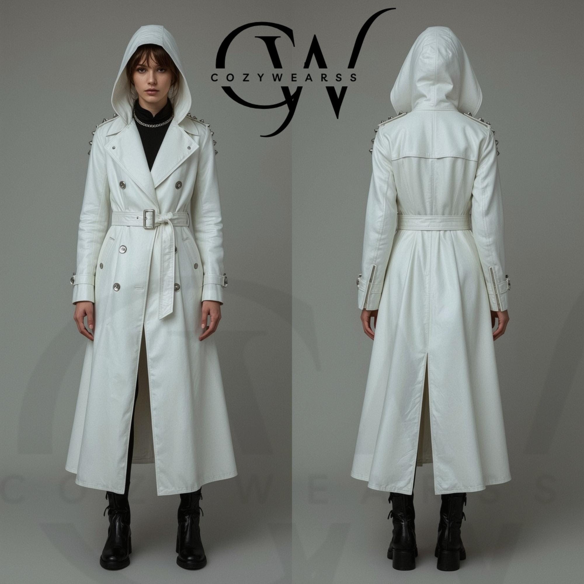 Handmade White Hooded Leather Trench Coat: Studded Gothic Duster - Etsy