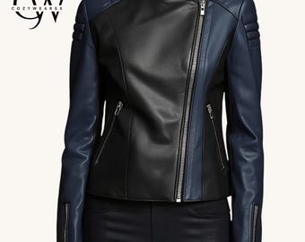 Handmade Black & Navy Leather Moto Jacket, Asymmetrical Zip Biker Coat