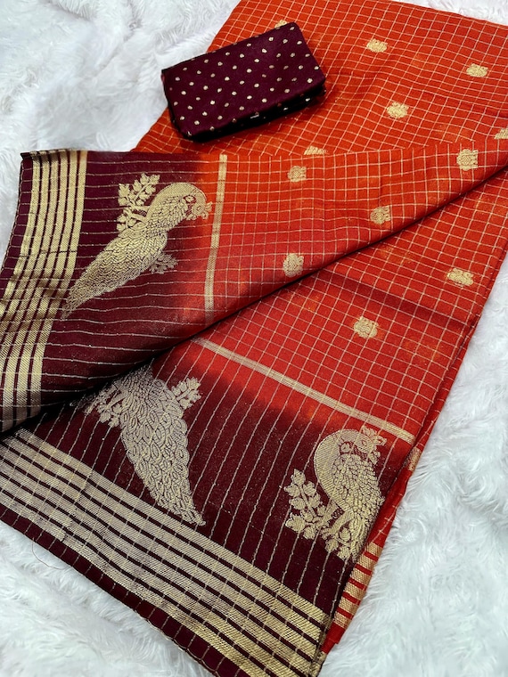 Kanjivaram Silk Saree: Kalamkari Peacock Zari Weaving with Gold Checks