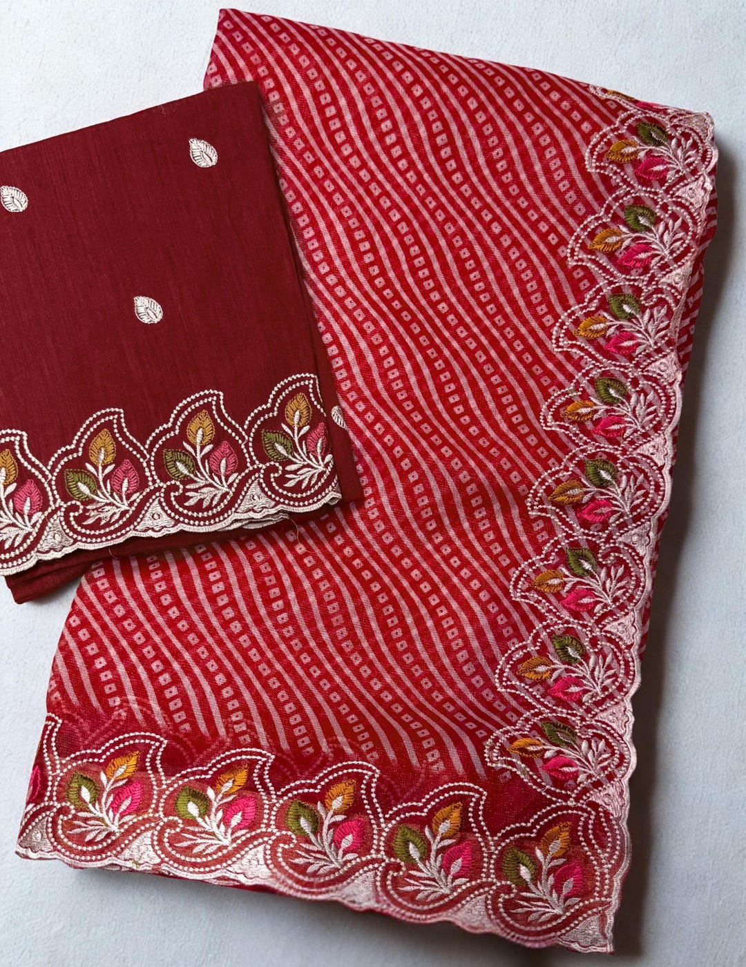 Embroidered Saree: Cotton Satin Bandhej Pattern, Zari Scallop Border ...