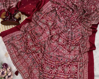Soft Crepe Silk Saree: Ajrakh Print with Zari & Mirror Work, Festival wear with Blouse