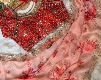 Georgette Saree, Heavy Sequins & Original Mirror Work with stitched Blouse